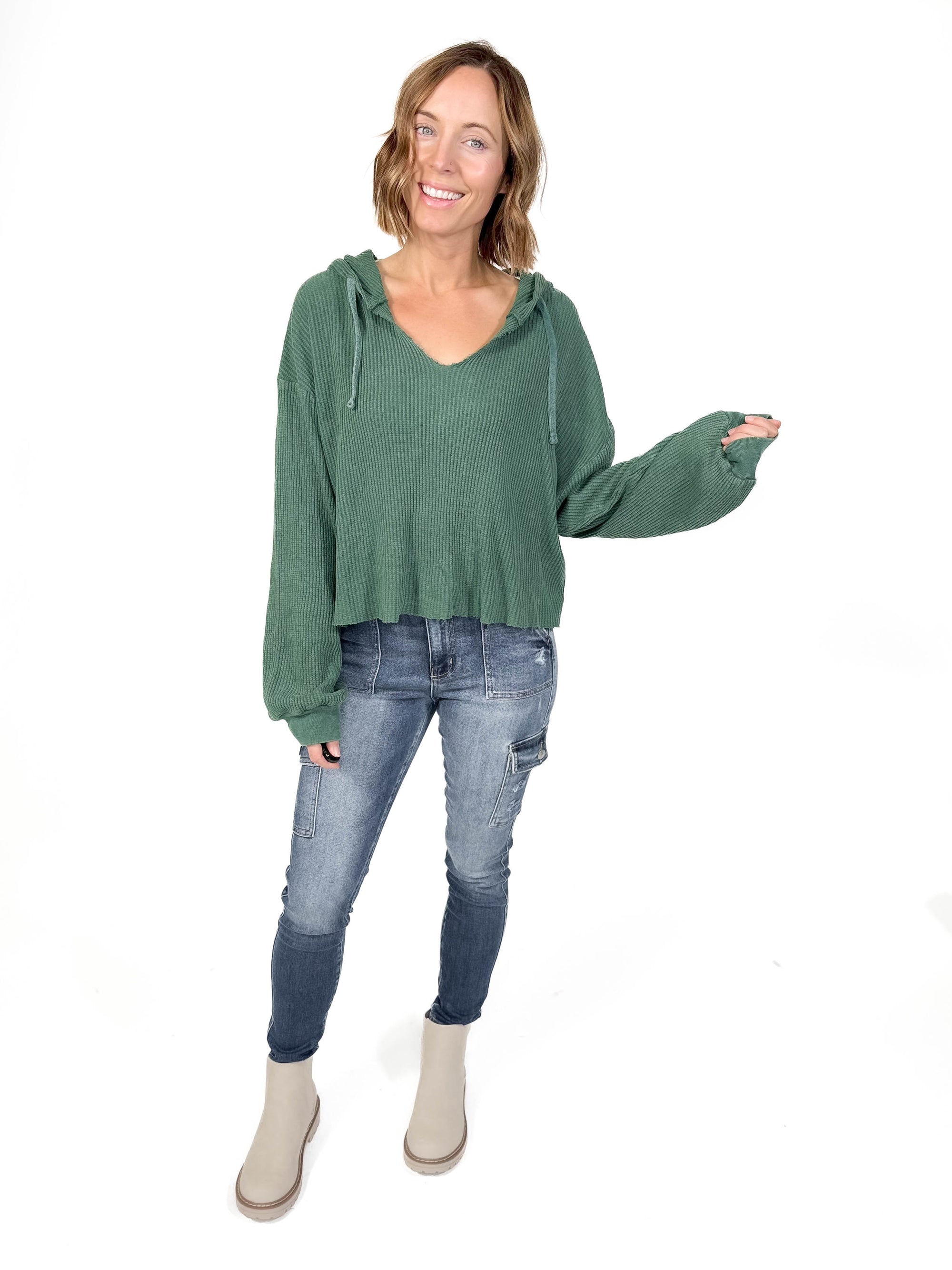 Alina Waffle Hooded Long Sleeve- DARK GREEN -FINAL SALE