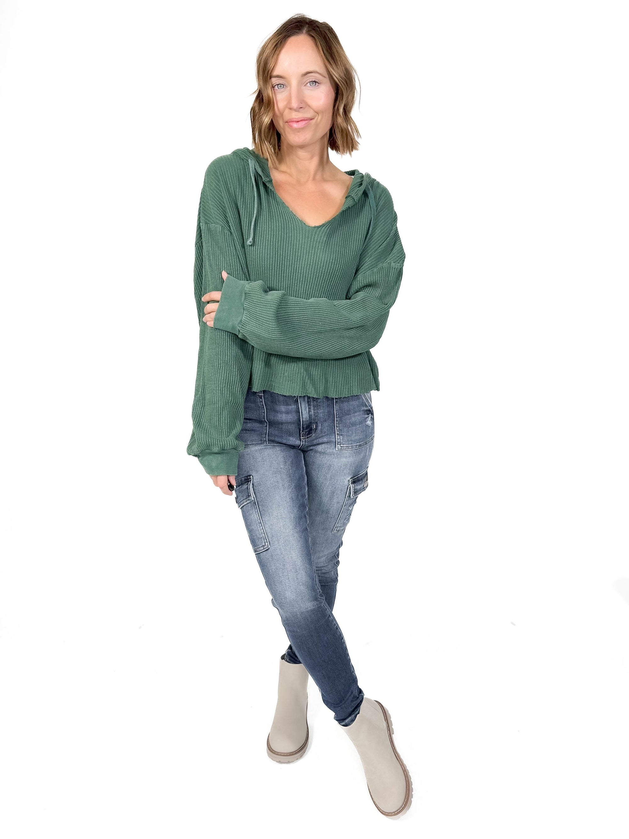 Alina Waffle Hooded Long Sleeve- DARK GREEN -FINAL SALE