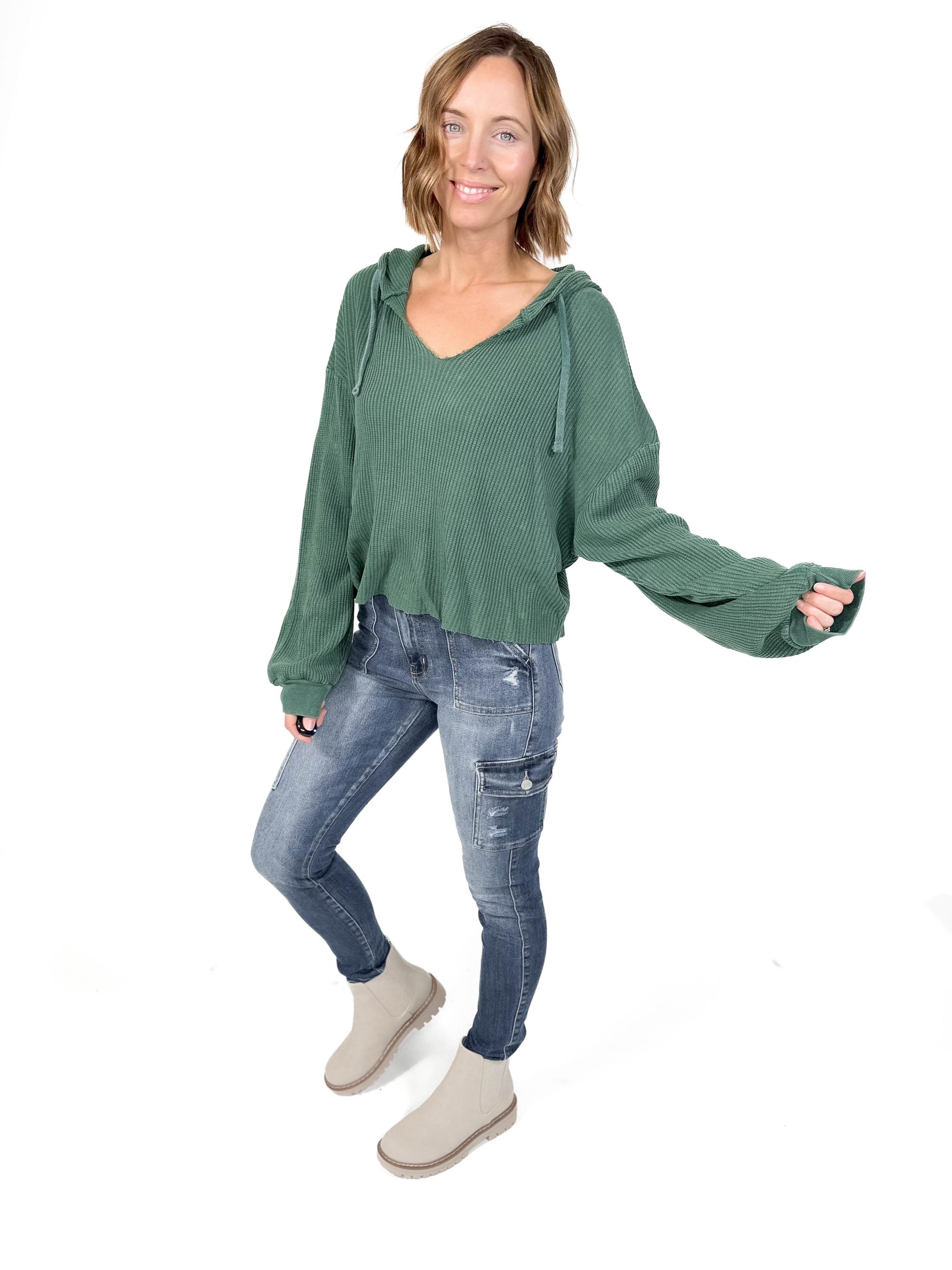 Alina Waffle Hooded Long Sleeve- DARK GREEN -FINAL SALE