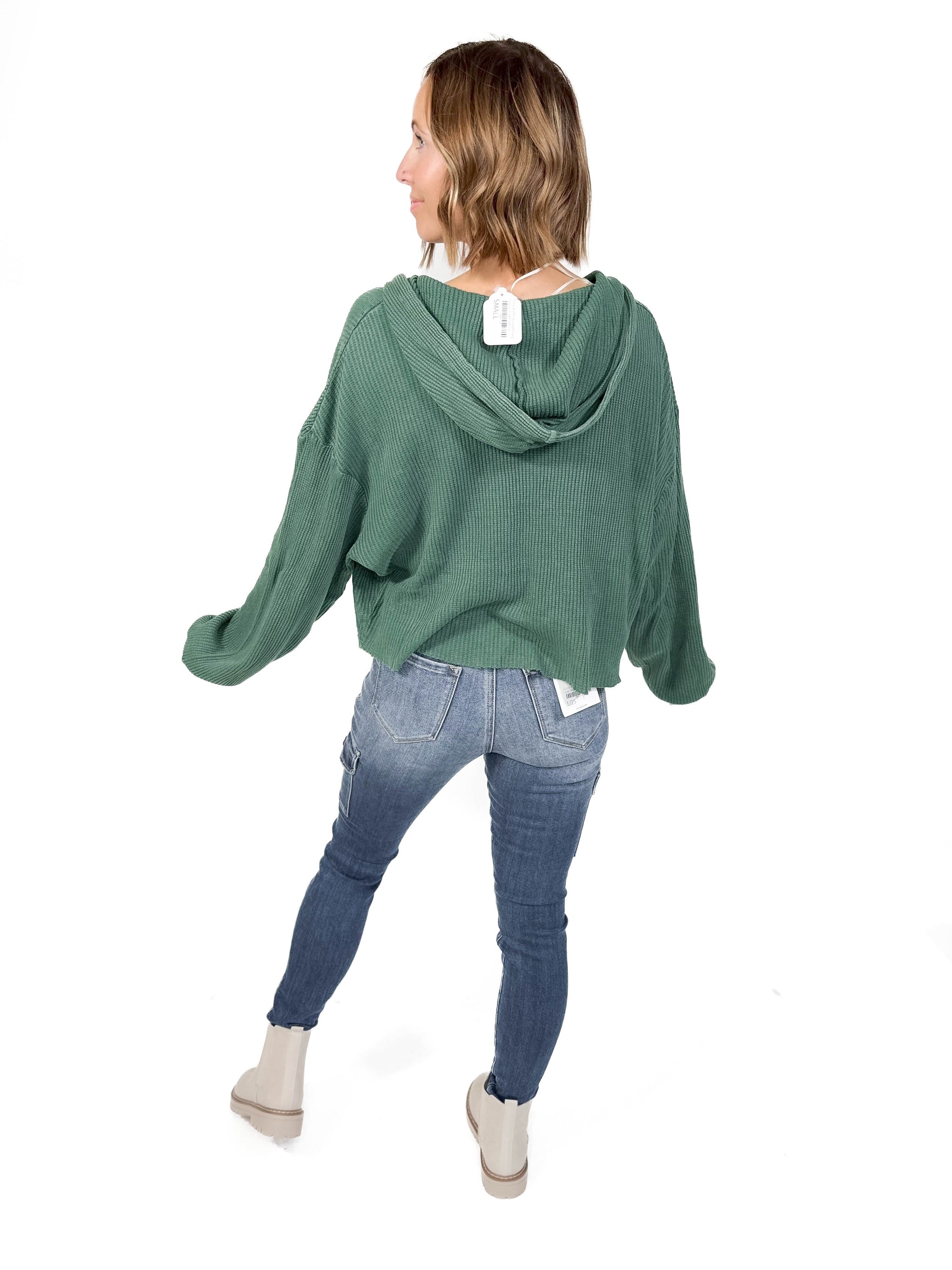 Alina Waffle Hooded Long Sleeve- DARK GREEN -FINAL SALE