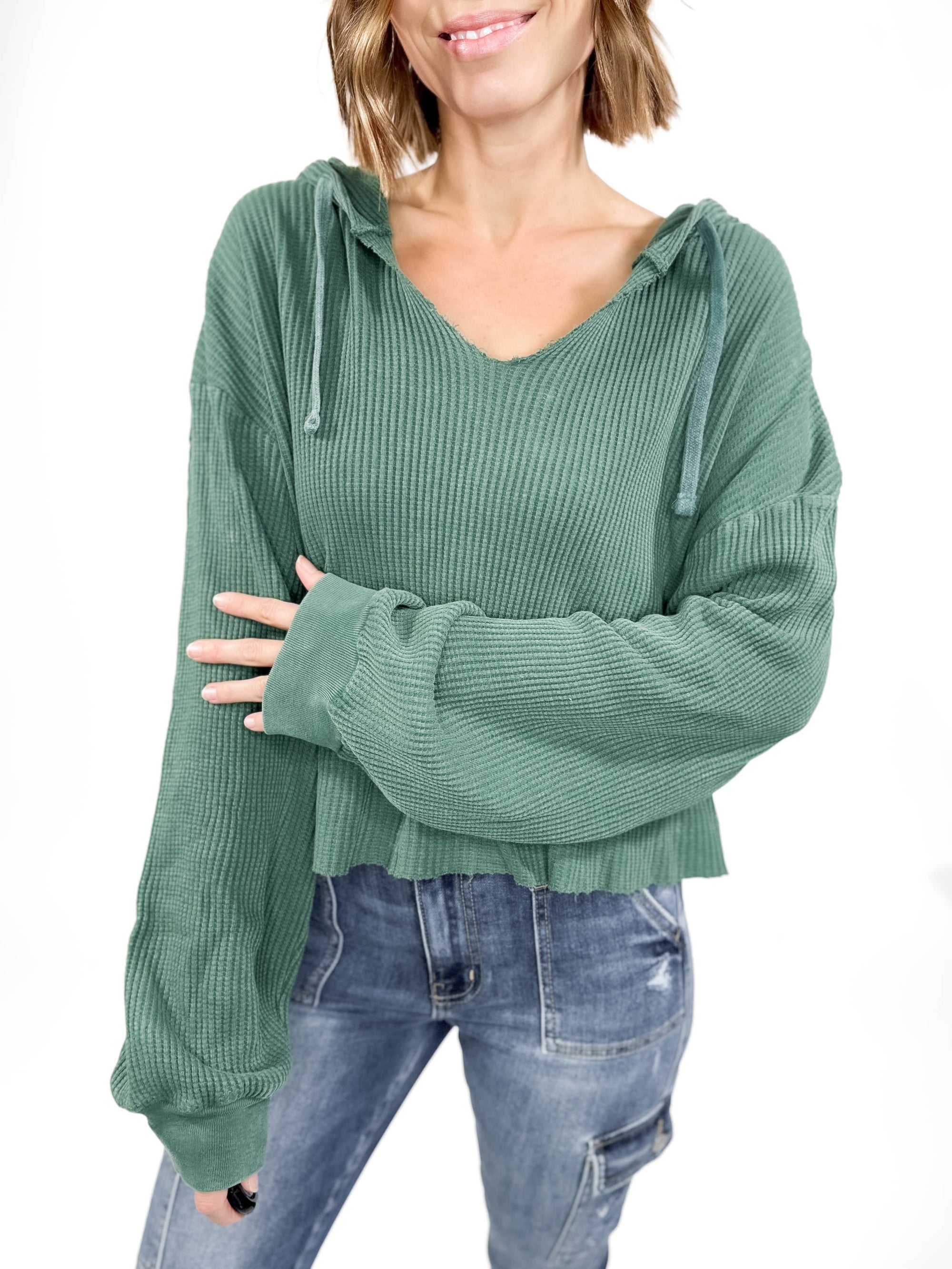 Alina Waffle Hooded Long Sleeve- DARK GREEN -FINAL SALE