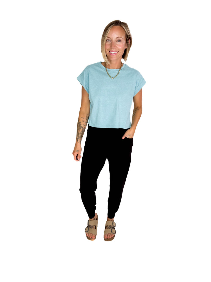 Helen Cotton Folded Sleeve Top- HEATHER TURQUOISE-FINAL SALE