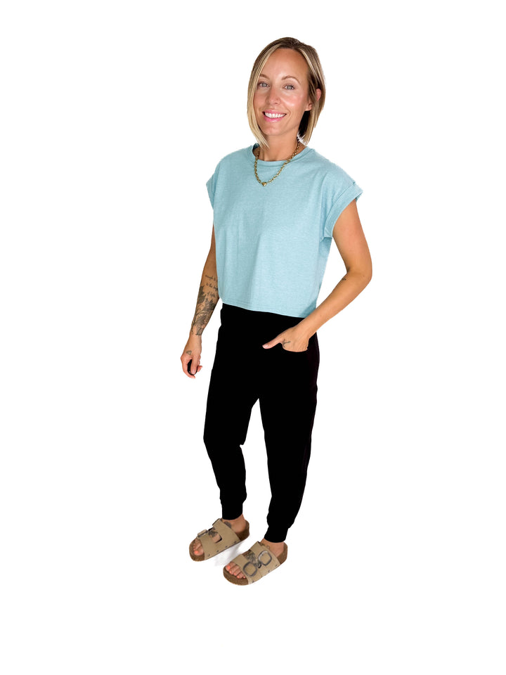 Helen Cotton Folded Sleeve Top- HEATHER TURQUOISE-FINAL SALE