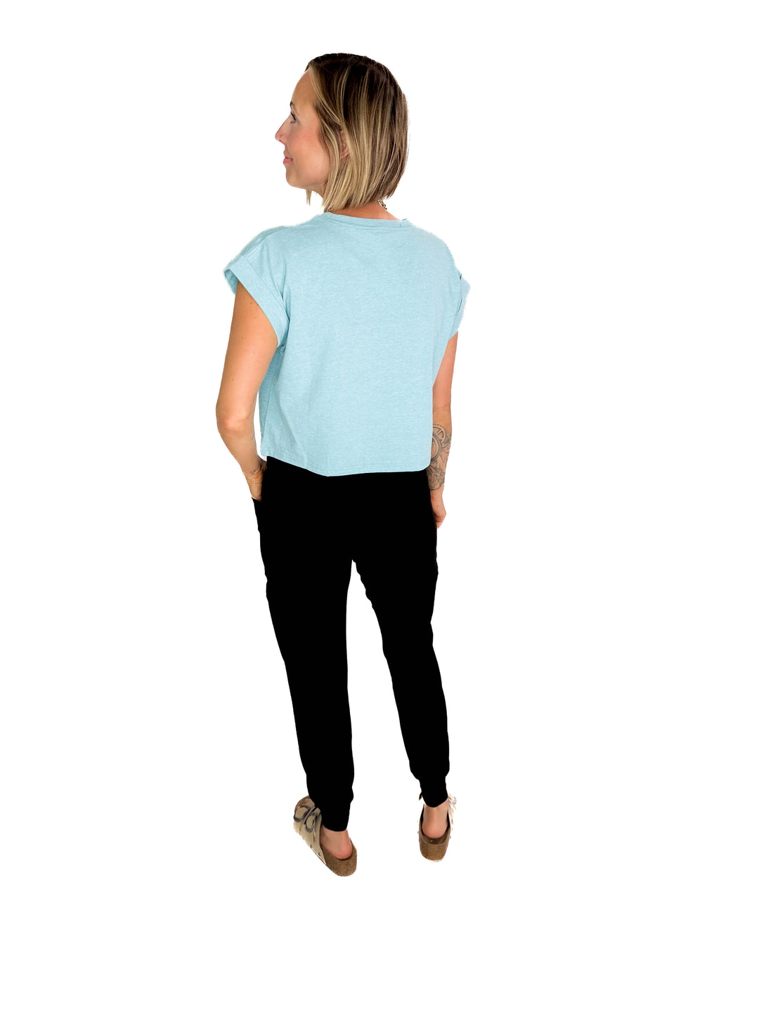 Helen Cotton Folded Sleeve Top- HEATHER TURQUOISE-FINAL SALE