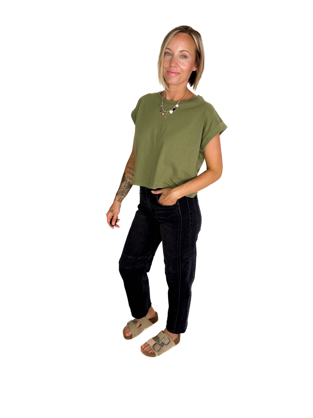 Helen Cotton Folded Sleeve Top- LIGHT OLIVE-FINAL SALE