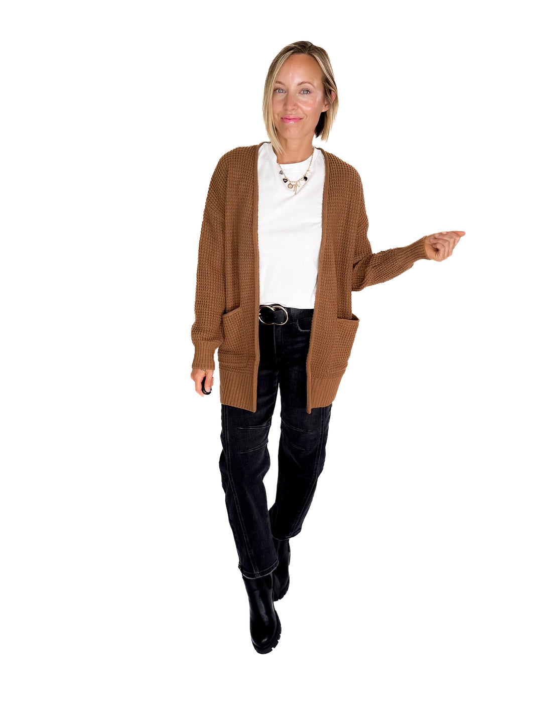 Marley Waffle Cardigan- DEEP CAMEL