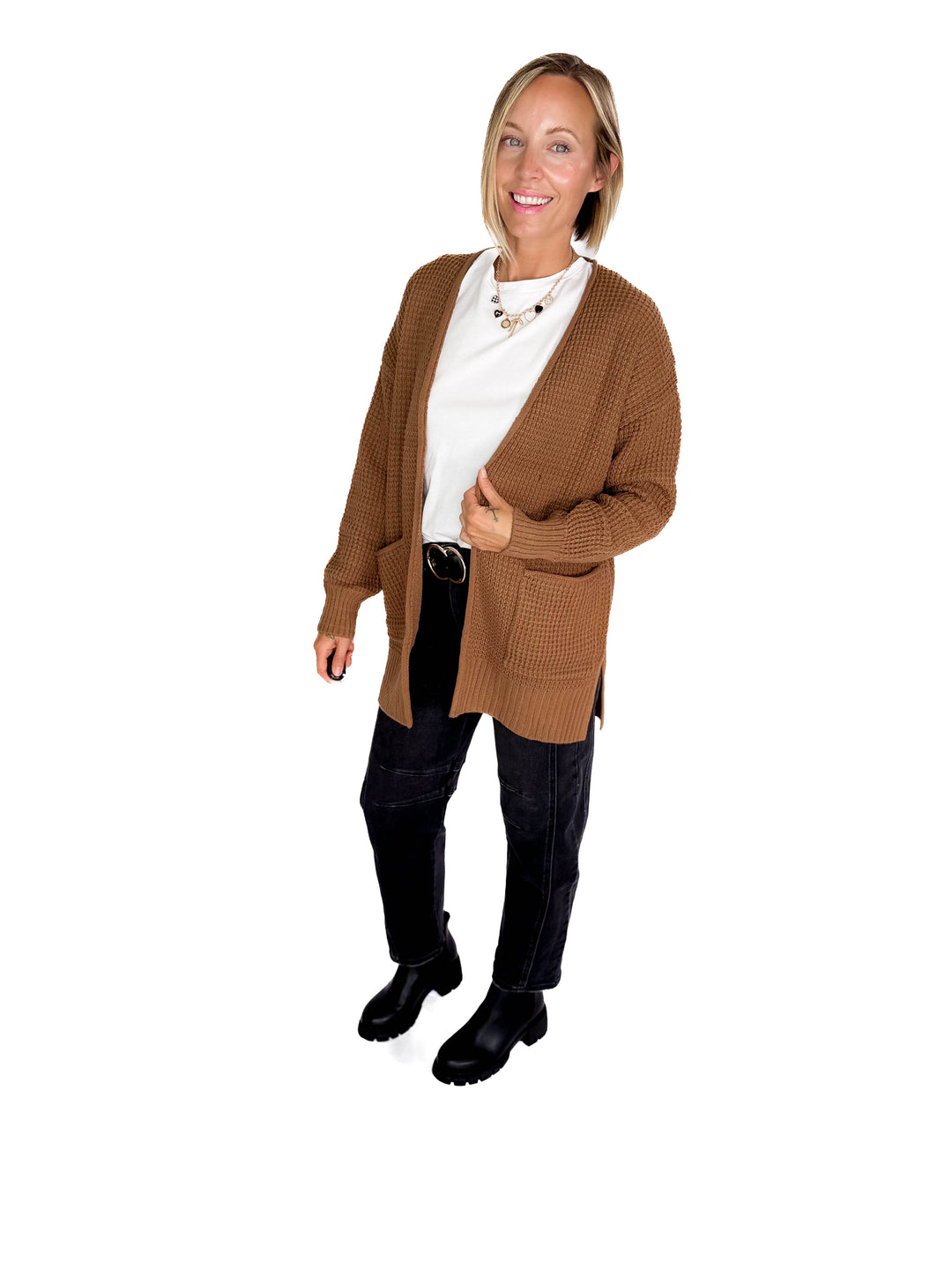 Marley Waffle Cardigan- DEEP CAMEL