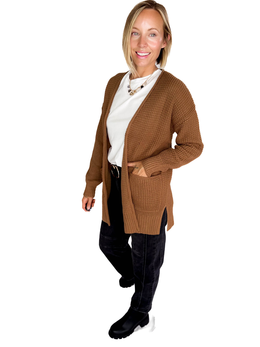 Marley Waffle Cardigan- DEEP CAMEL