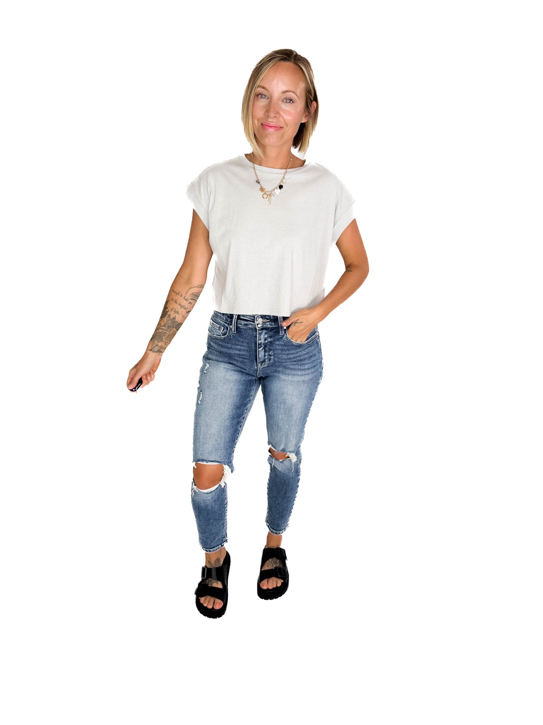 Helen Cotton Folded Sleeve Top- LIGHT GREY-FINAL SALE