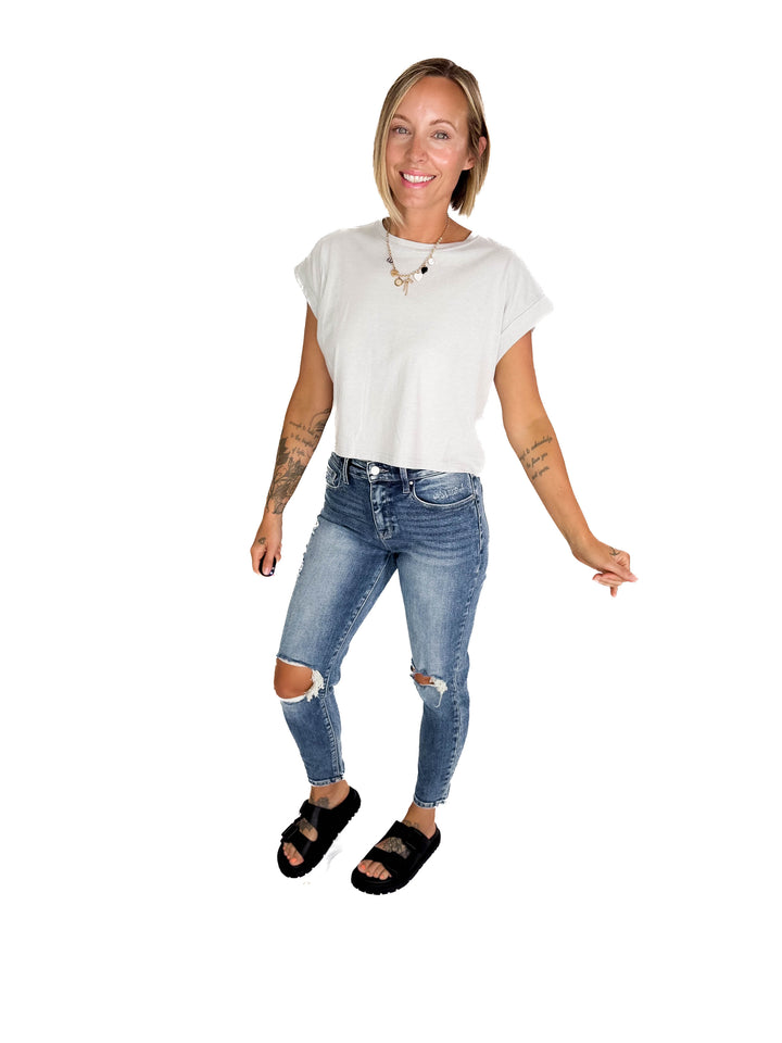 Helen Cotton Folded Sleeve Top- LIGHT GREY-FINAL SALE