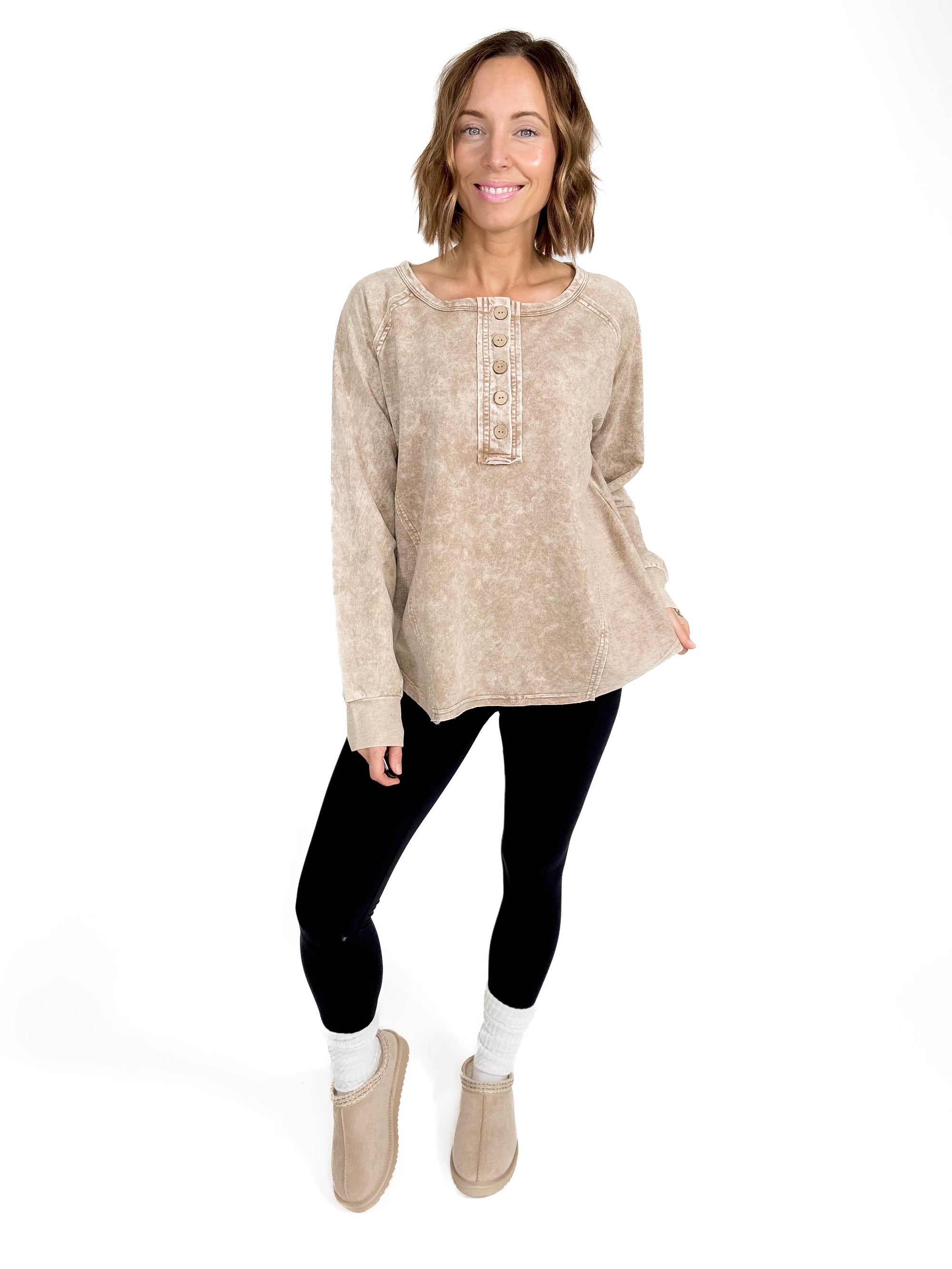 Sharna Washed Henley- BROWN -FINAL SALE