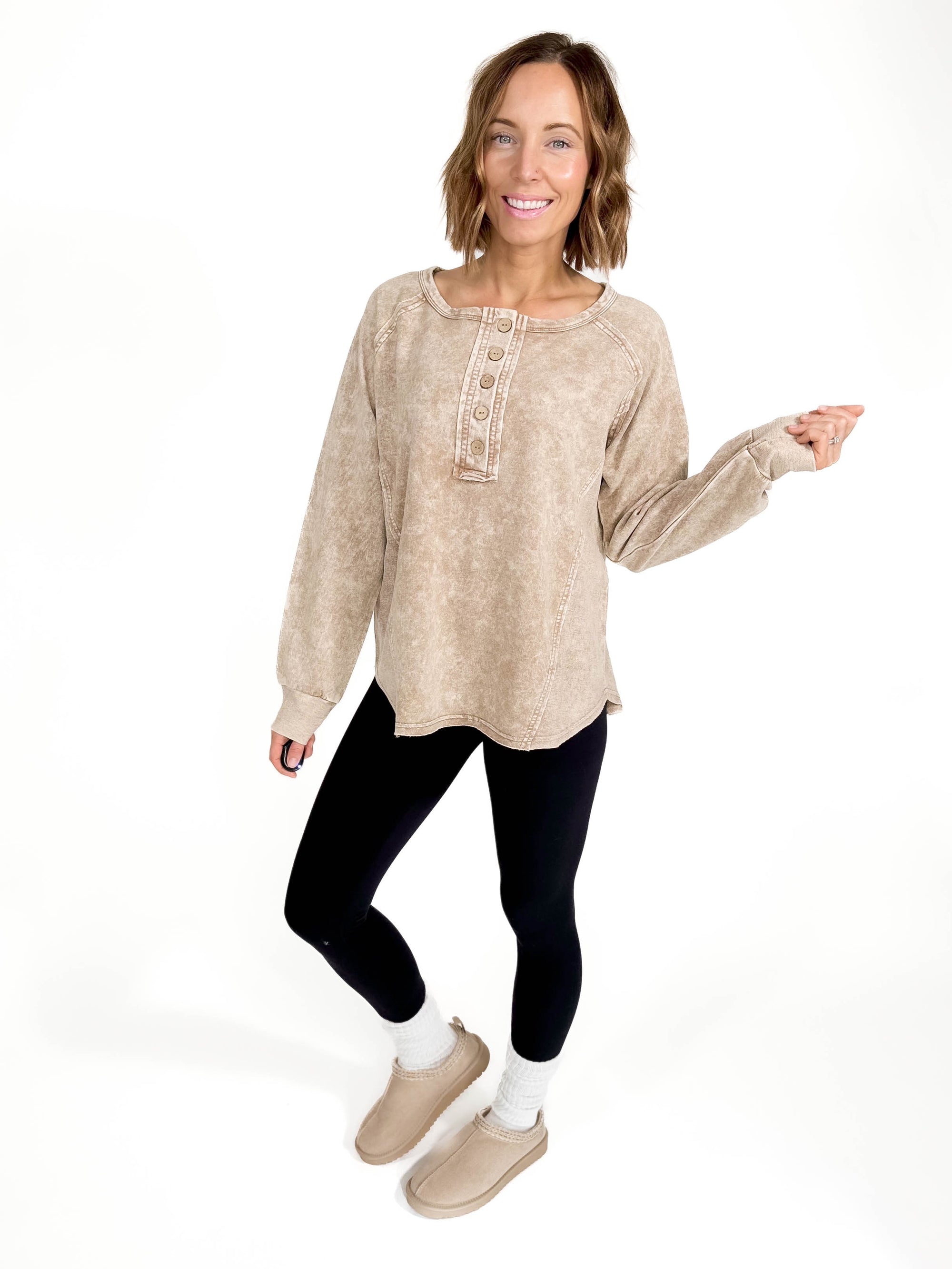 Sharna Washed Henley- BROWN -FINAL SALE