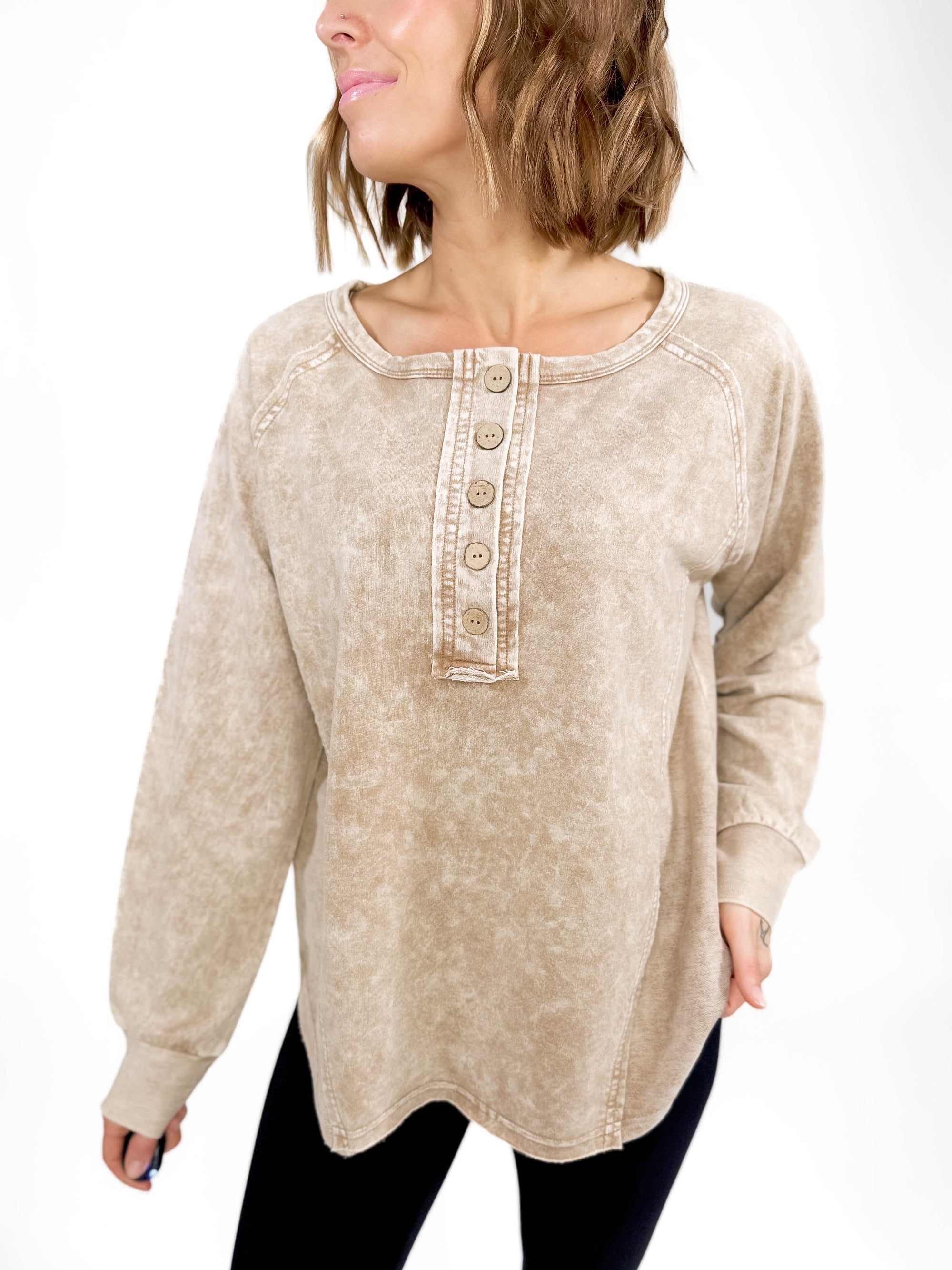 Sharna Washed Henley- BROWN -FINAL SALE