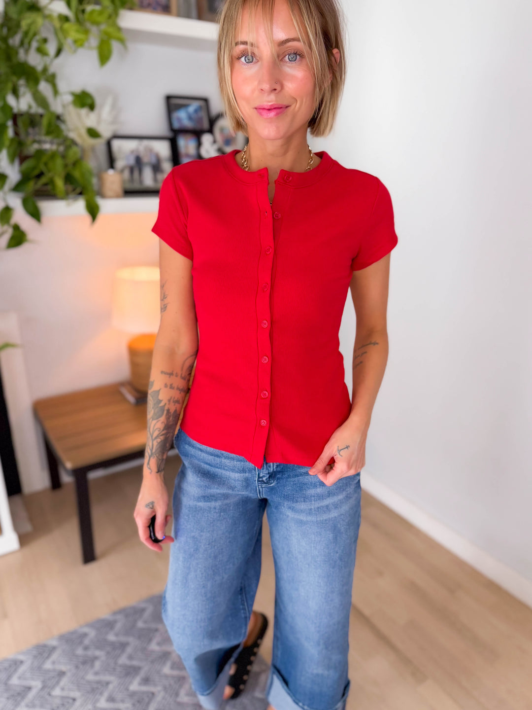 Vanta Ribbed Button Down Short Sleeve- RED-FINAL SALE