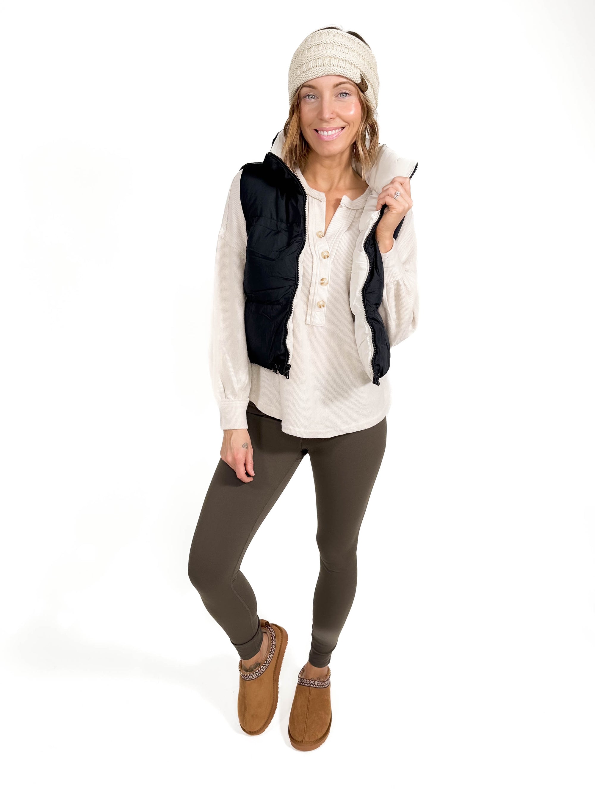 Cheyanne Crop Puffer Vest- BLACK/COOL BIEGE -FINAL SALE