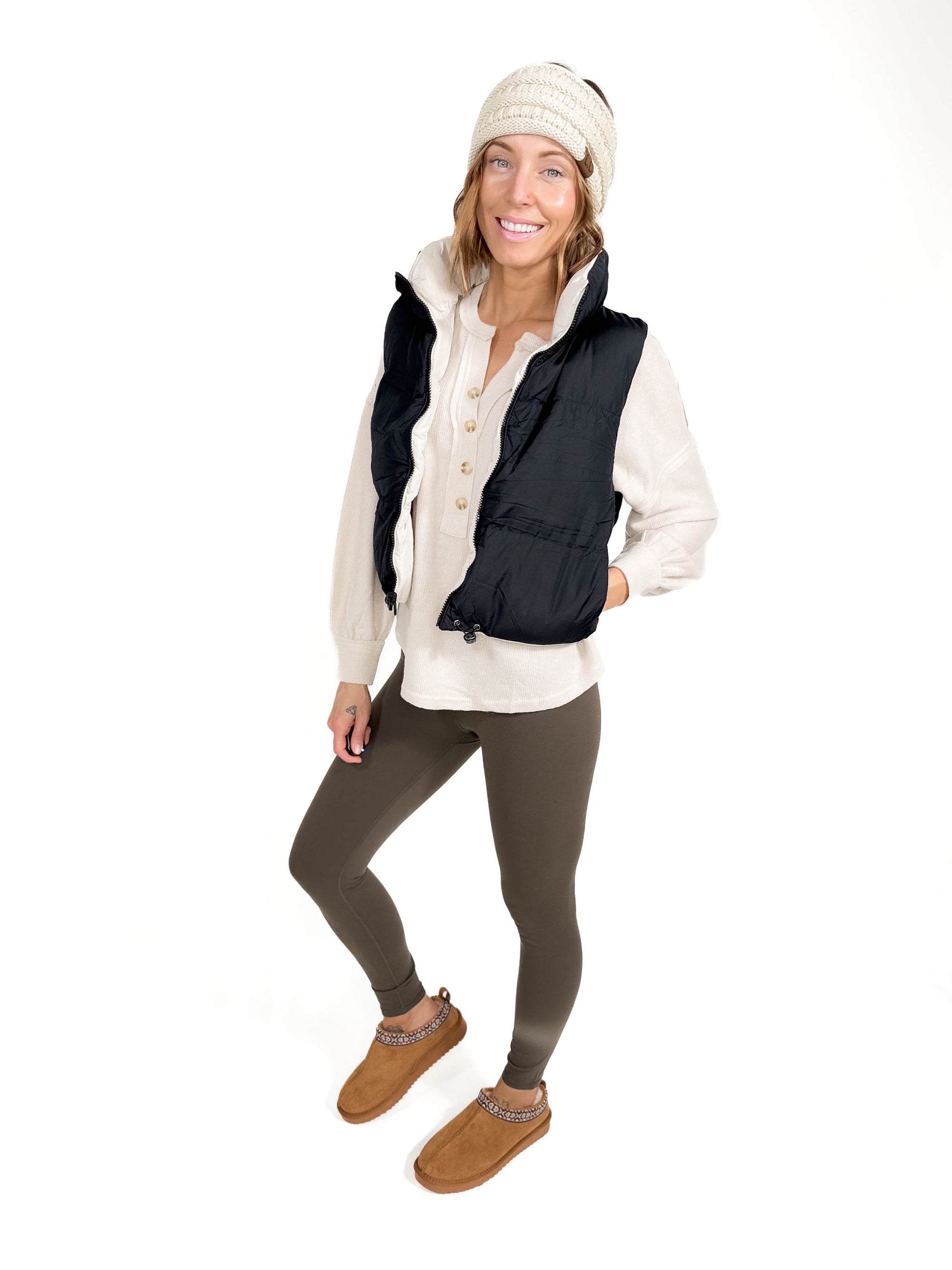 Cheyanne Crop Puffer Vest- BLACK/COOL BIEGE -FINAL SALE