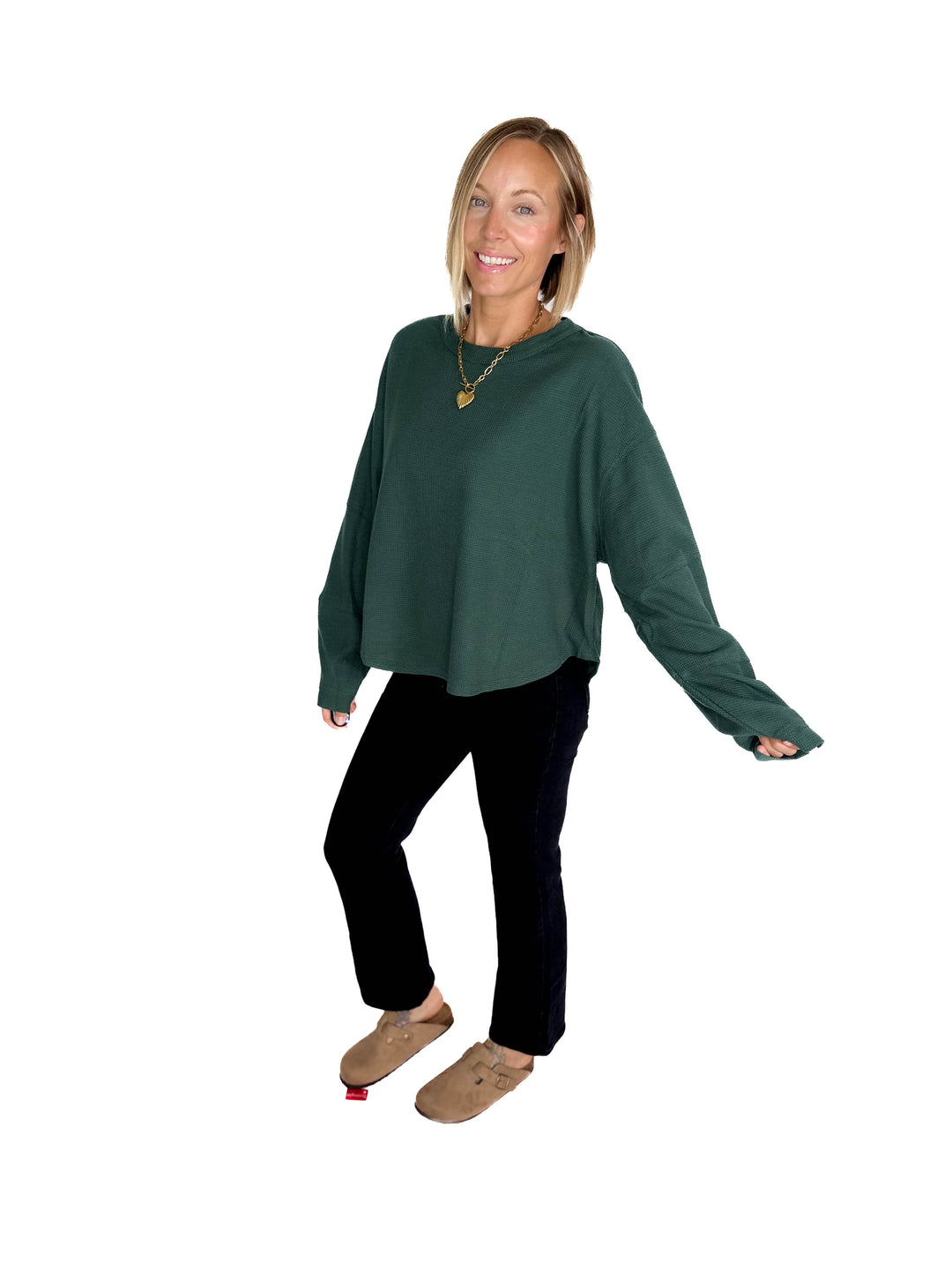Alessia Waffle Long Sleeve- DARK GREEN