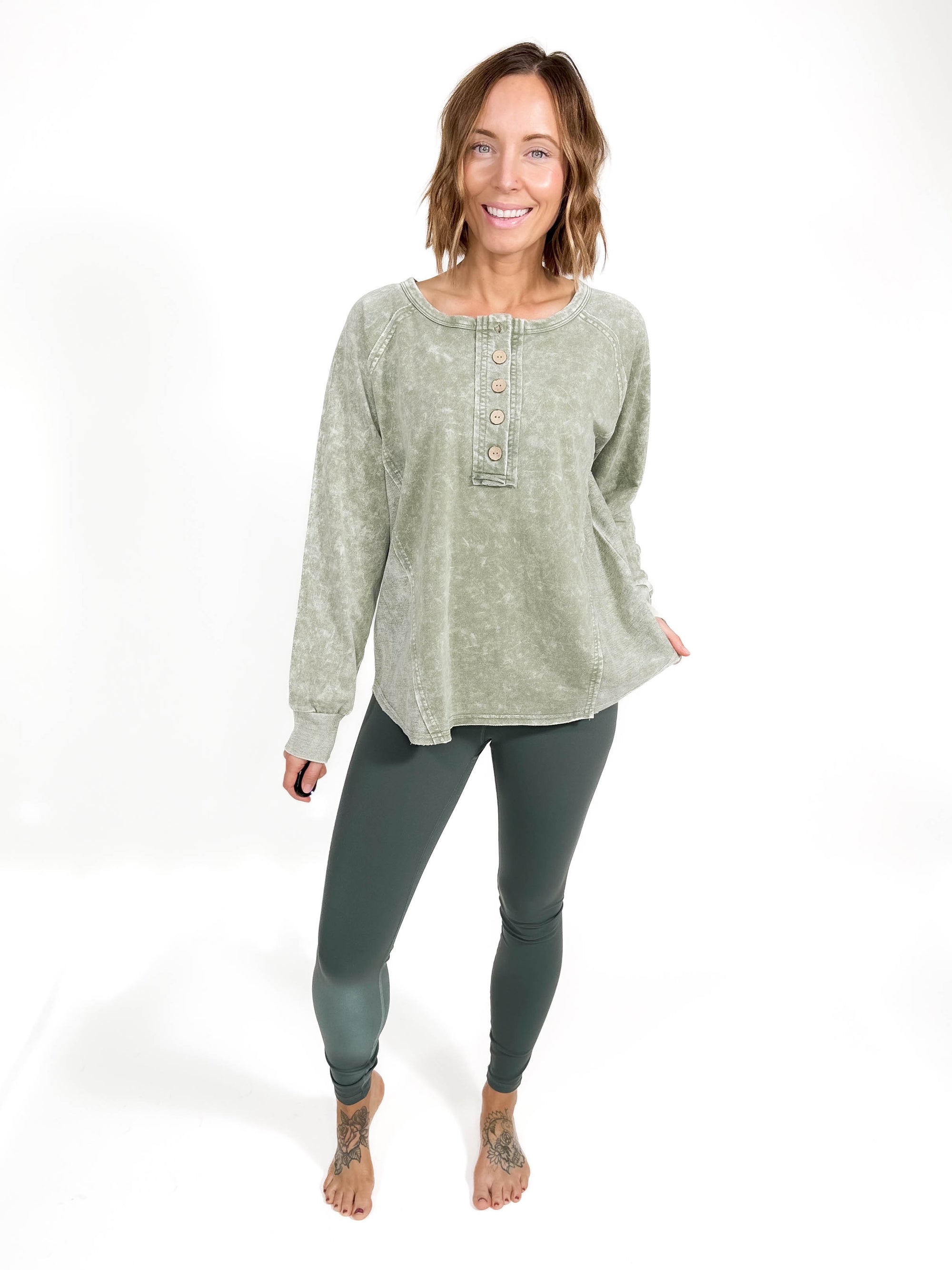 Sharna Washed Henley- OLIVE -FINAL SALE