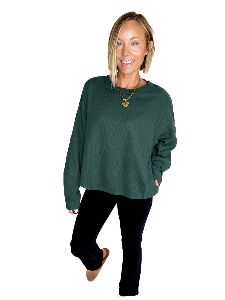 Alessia Waffle Long Sleeve- DARK GREEN