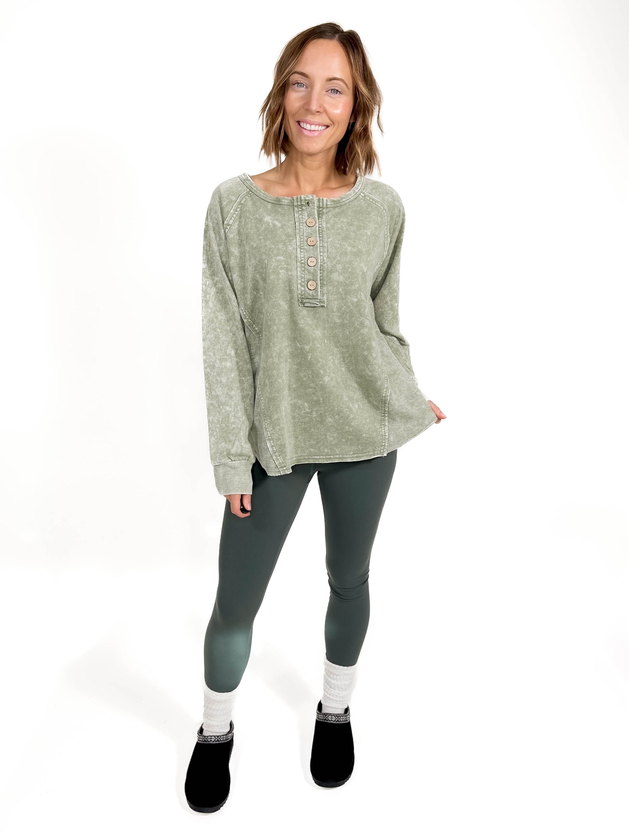 Sharna Washed Henley- OLIVE -FINAL SALE