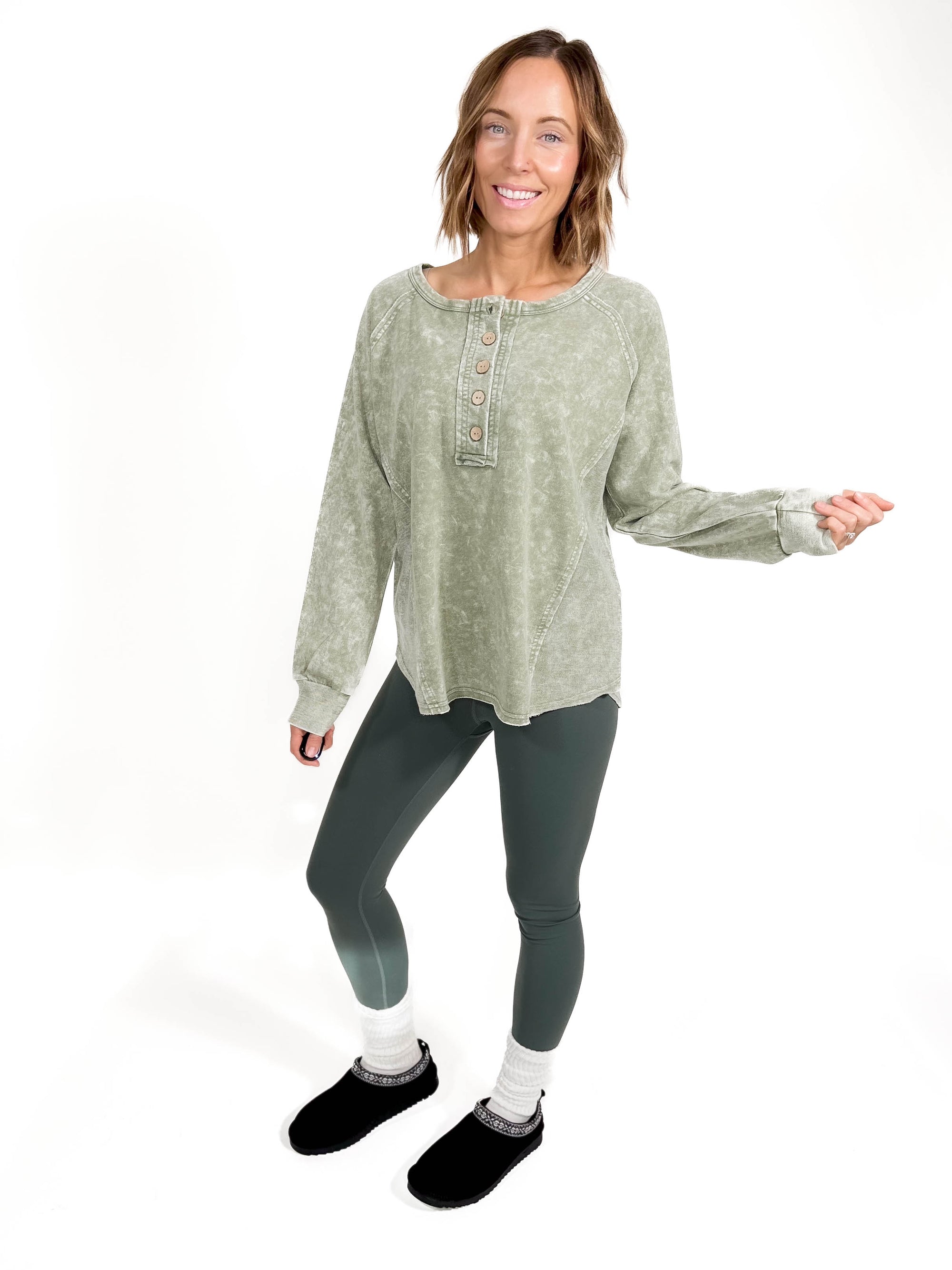 Sharna Washed Henley- OLIVE -FINAL SALE