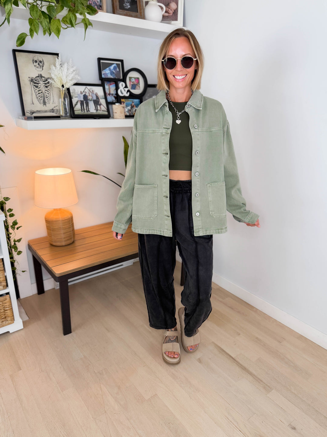 Grace Denim Button Up Jacket- OLIVE