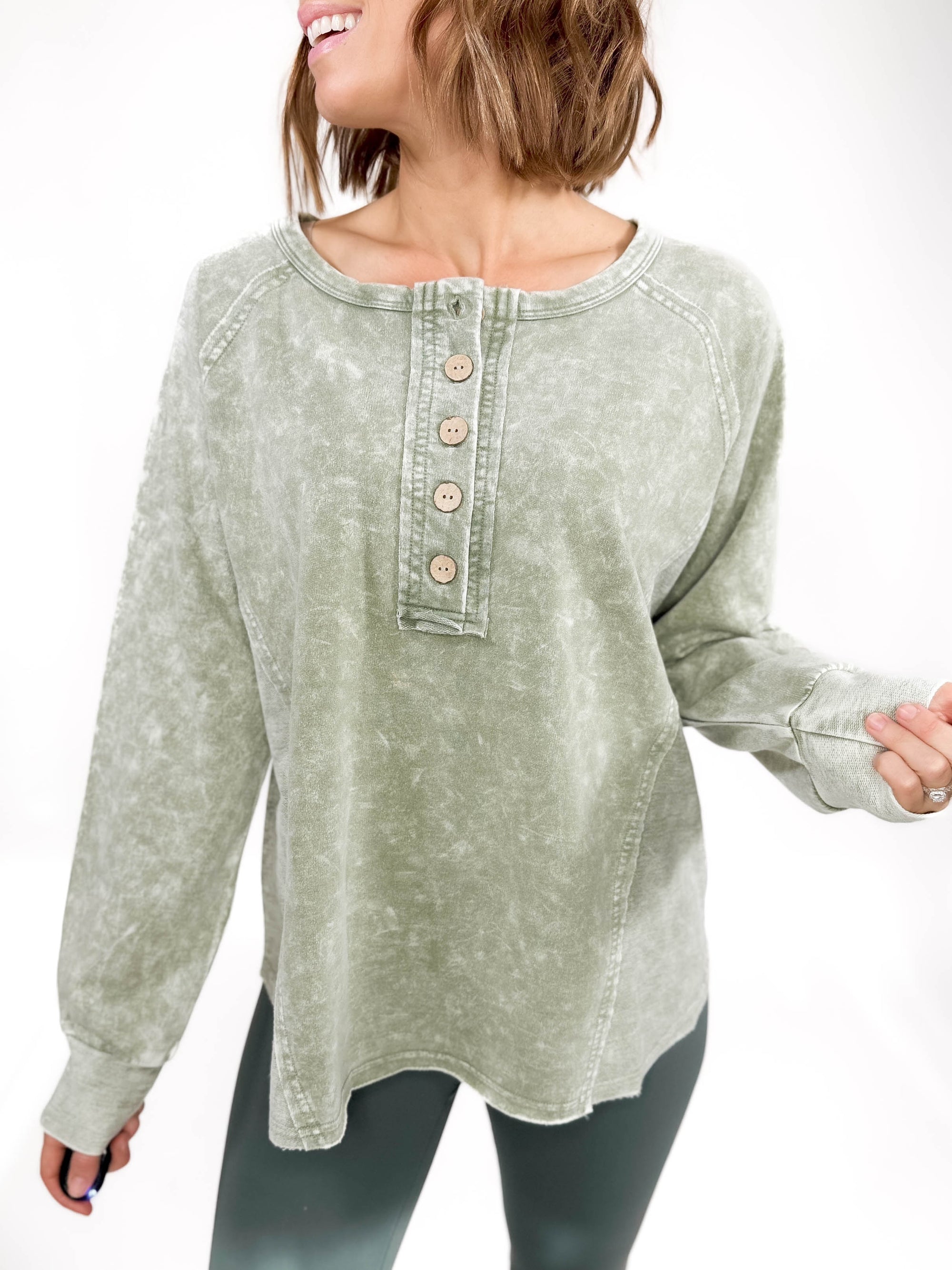 Sharna Washed Henley- OLIVE -FINAL SALE