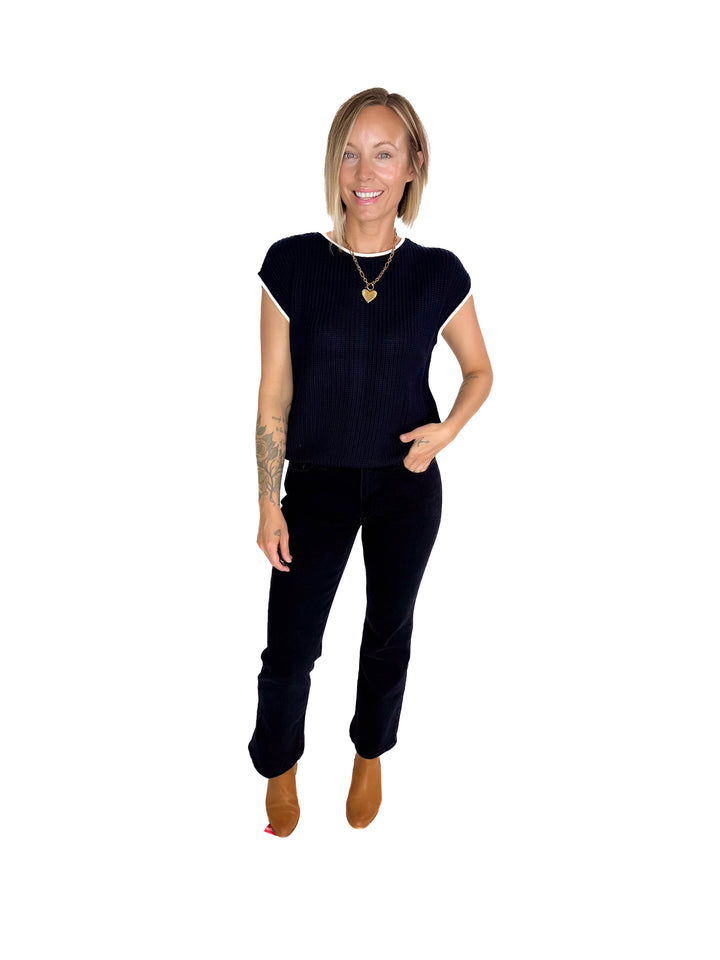 Anais Knit Sweater Button Back Top- DEEP NAVY