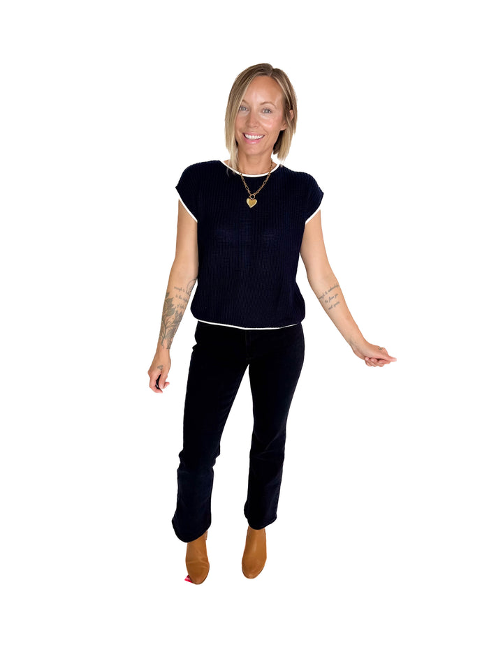 Anais Knit Sweater Button Back Top- DEEP NAVY