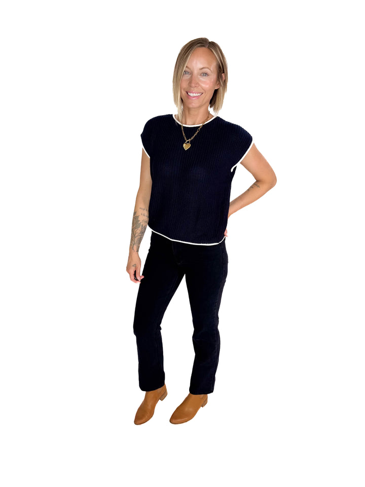 Anais Knit Sweater Button Back Top- DEEP NAVY