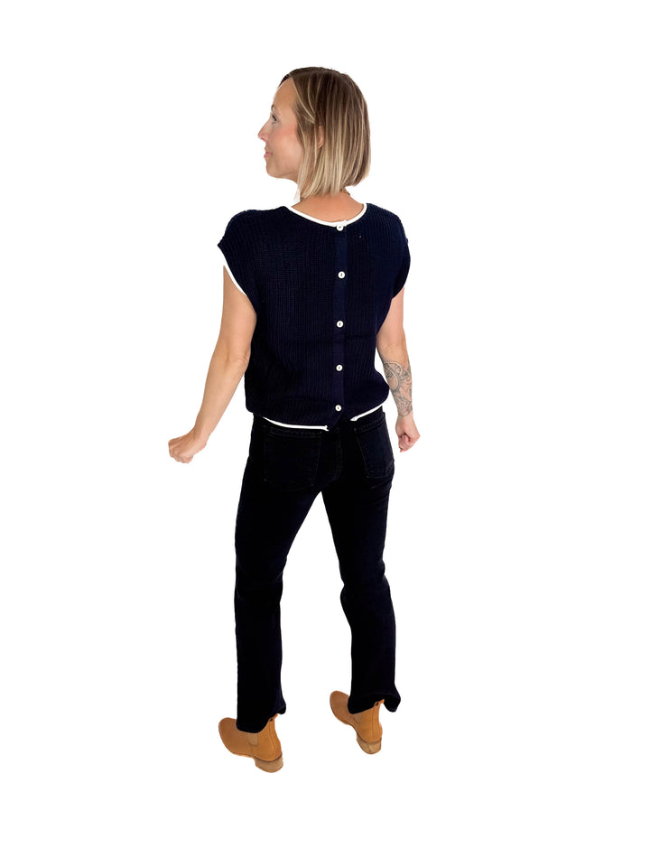 Anais Knit Sweater Button Back Top- DEEP NAVY