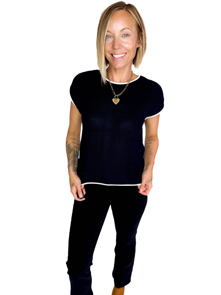 Anais Knit Sweater Button Back Top- DEEP NAVY