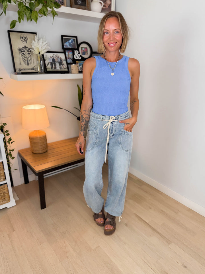 Harlen Drawstring Barrel Pant- LIGHT WASH