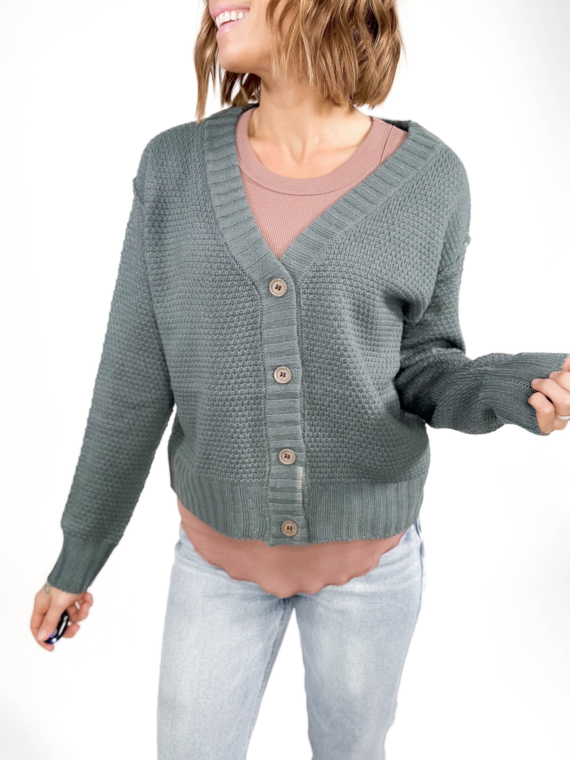 Ellie Waffle Textured Cardigan- SPRUCE GREEN-FINAL SALE