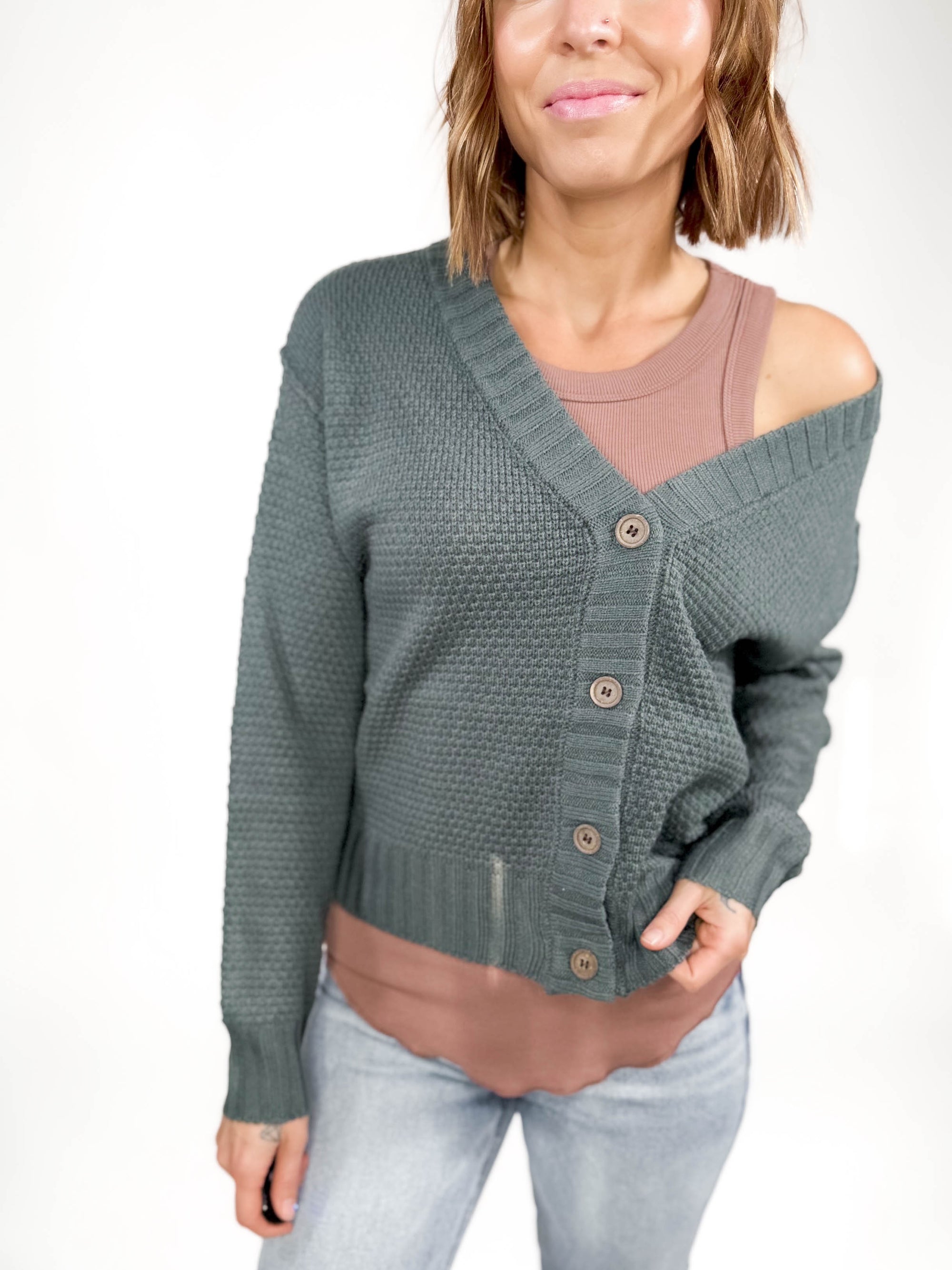 Ellie Waffle Textured Cardigan- SPRUCE GREEN-FINAL SALE