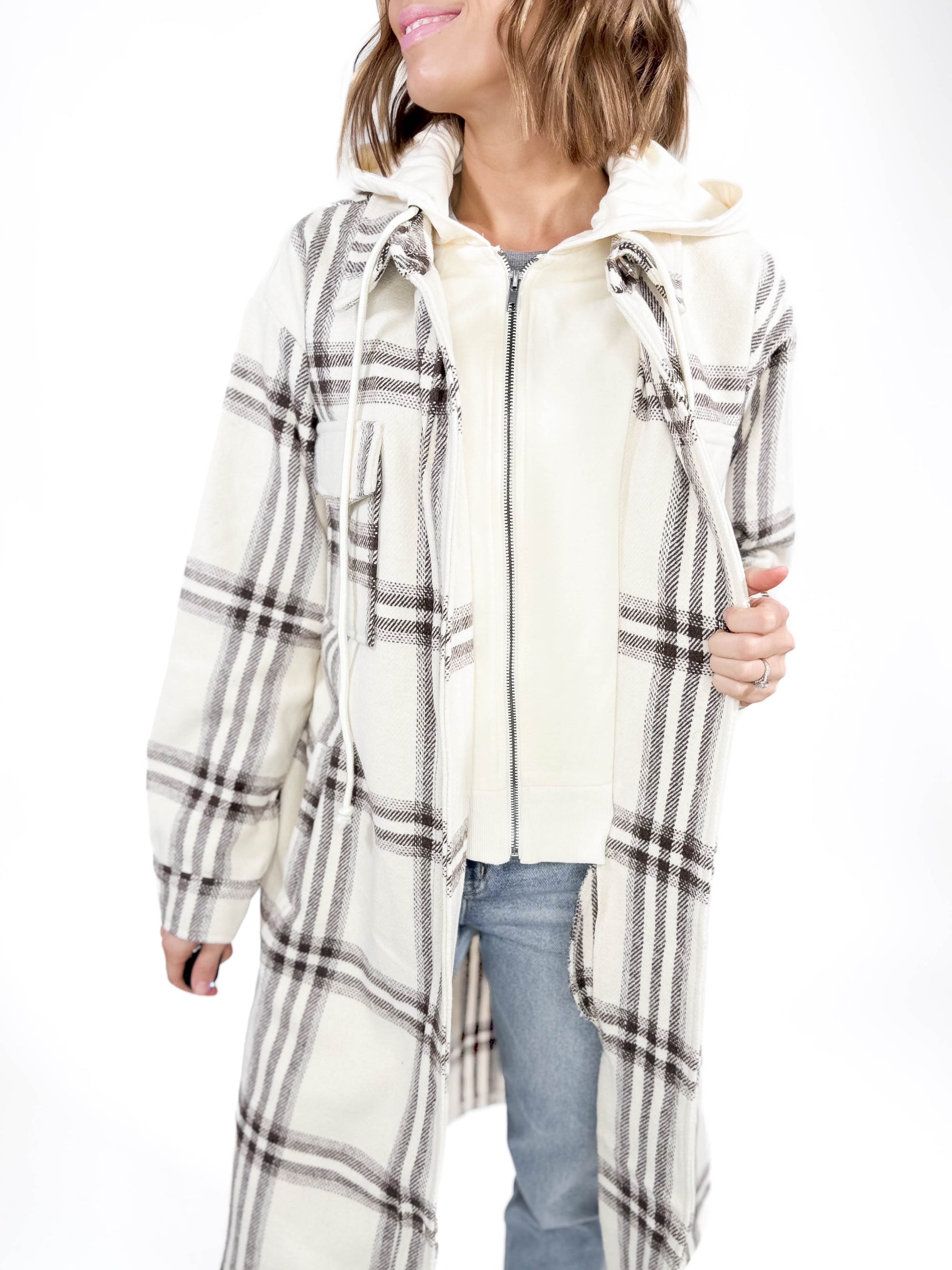 Fireside Twofer Hoodie Shacket- CREAM PLAID