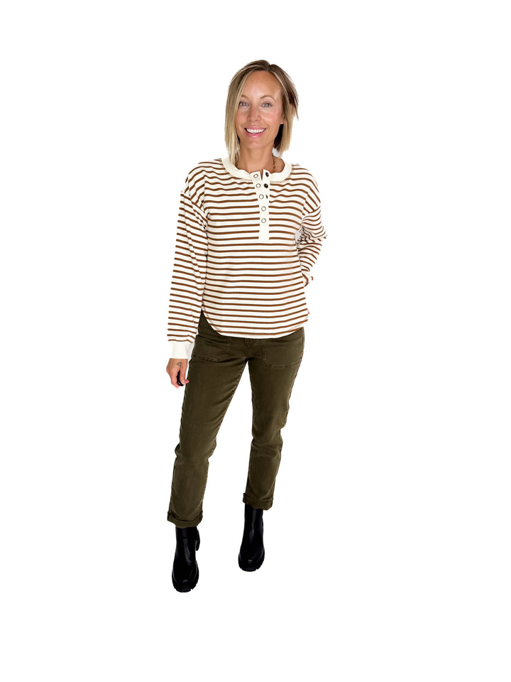 Vega Stripe Button Henley- BROWN