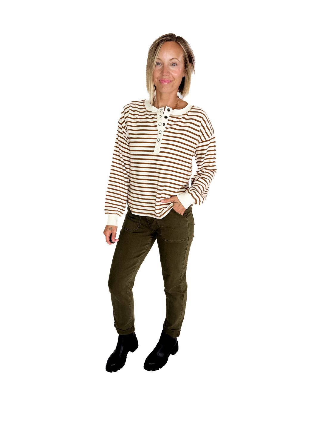 Vega Stripe Button Henley- BROWN
