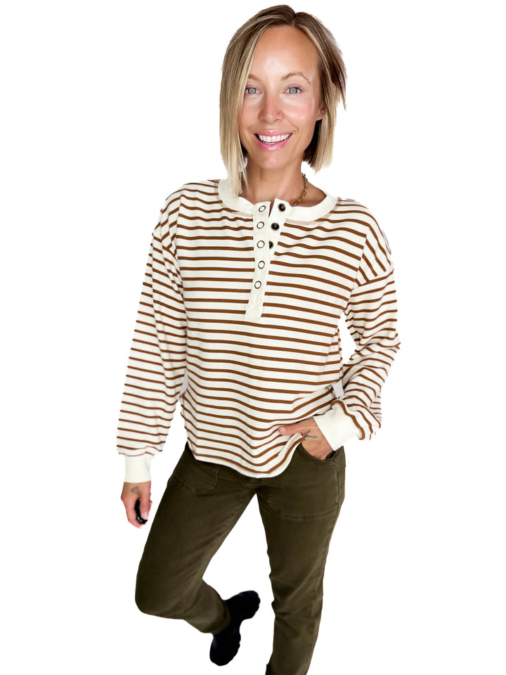 Vega Stripe Button Henley- BROWN