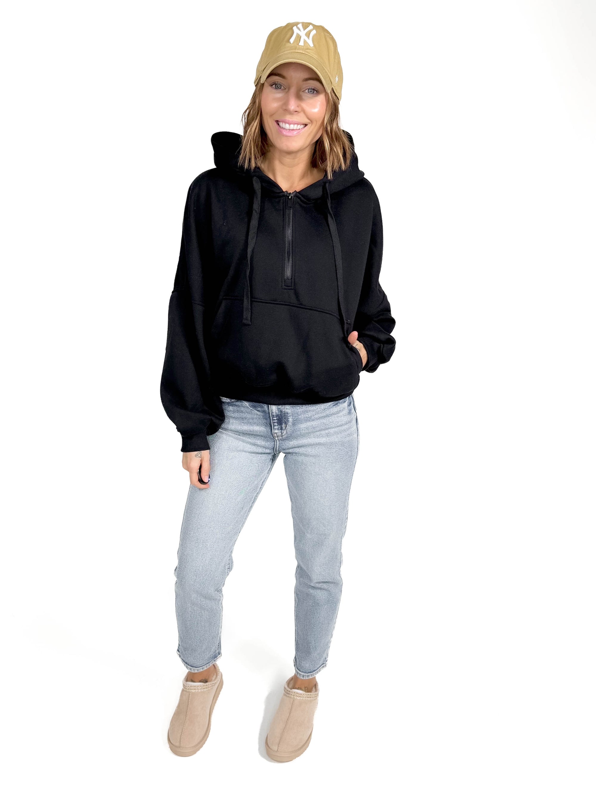 Effortless French Terry 1/2 Zip- BLACK