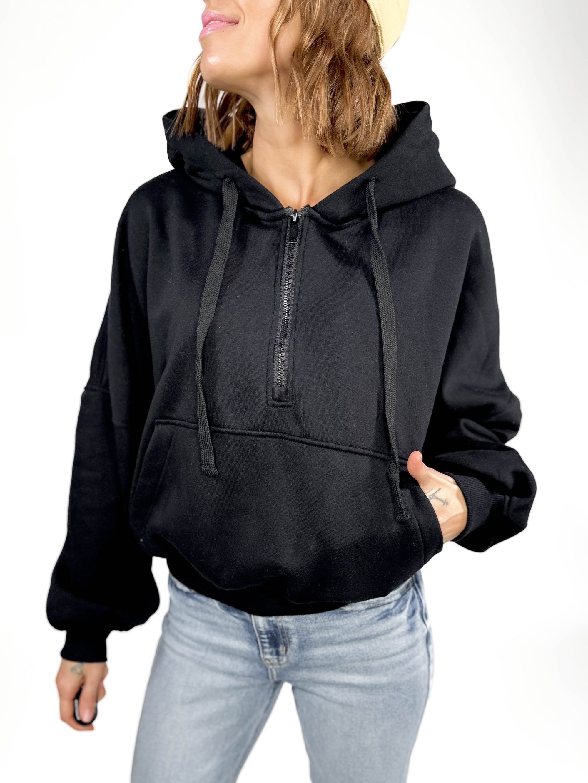 Effortless French Terry 1/2 Zip- BLACK