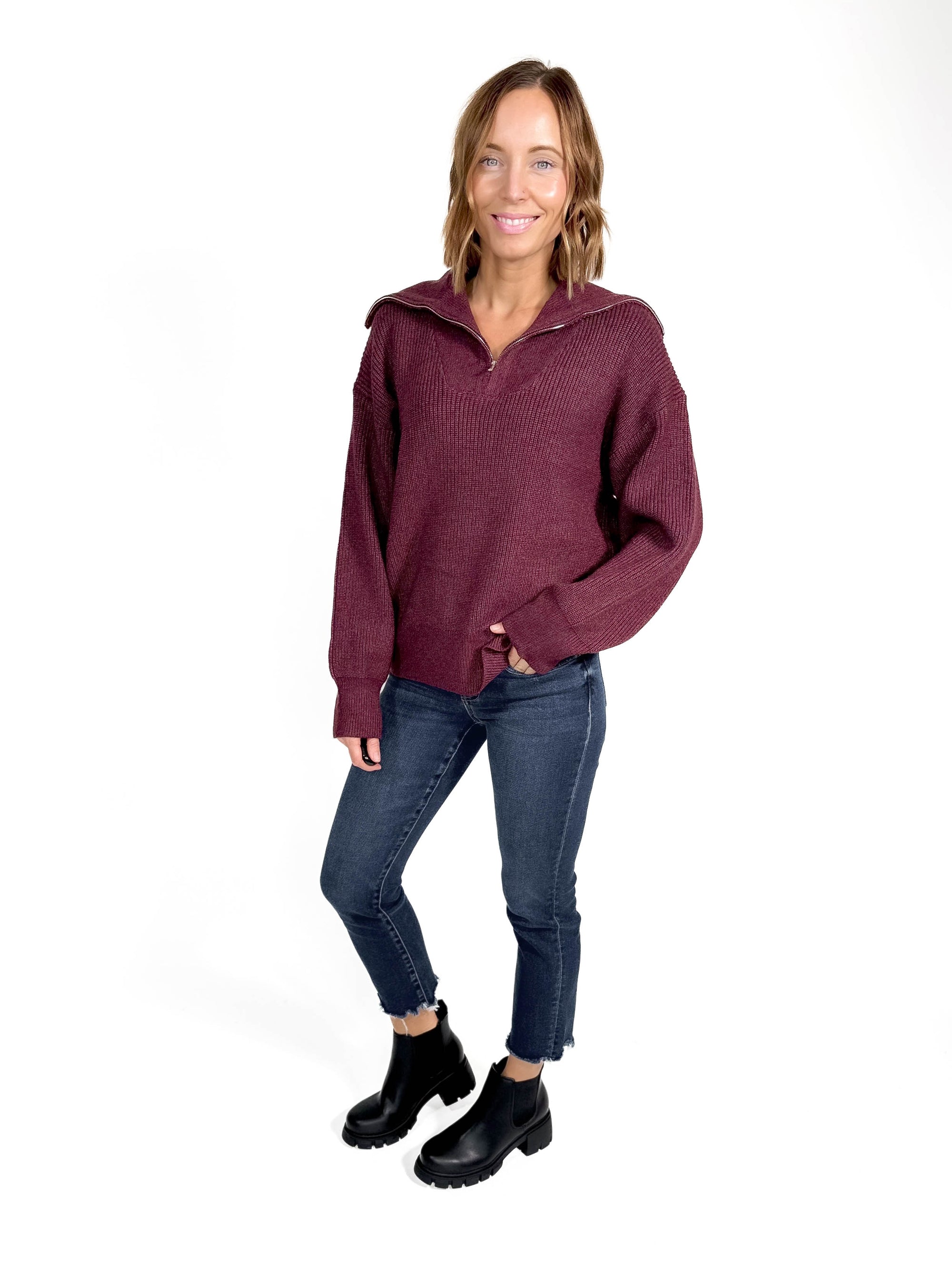 Amelia 1/2 Zip Sweater- MAHOGANY