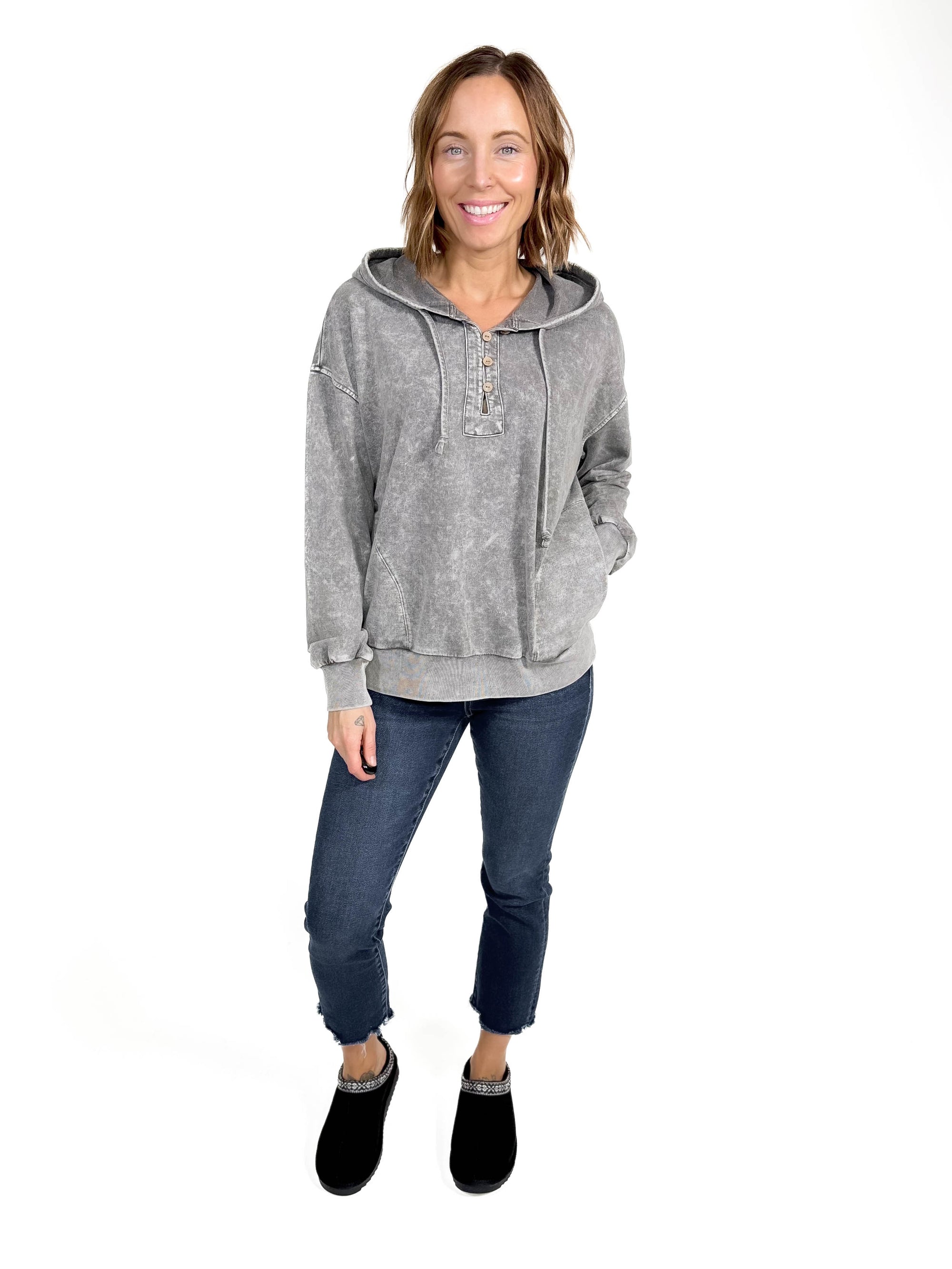 Sharna Washed Hooded Henley- BLACK -FINAL SALE