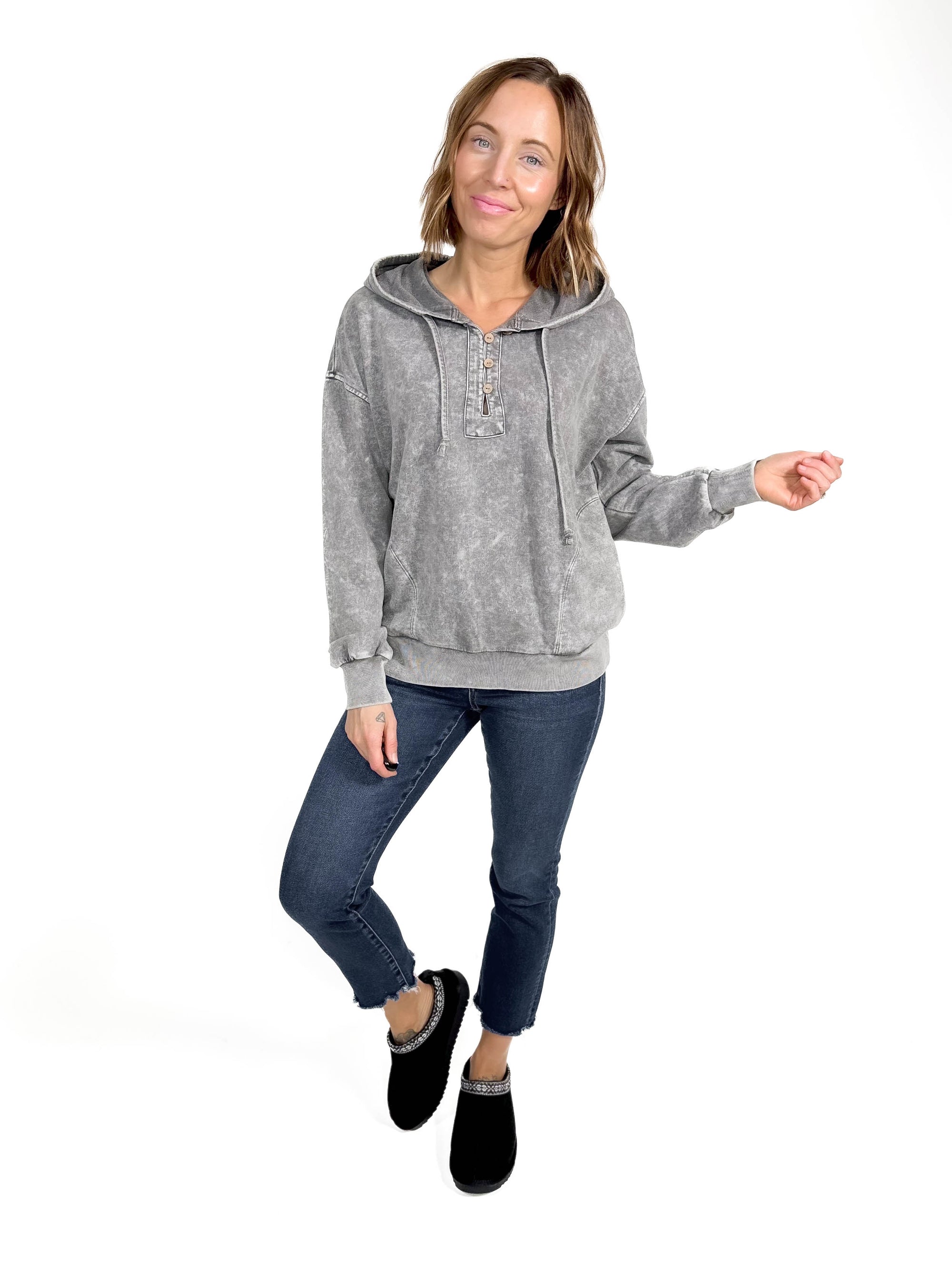 Sharna Washed Hooded Henley- BLACK -FINAL SALE