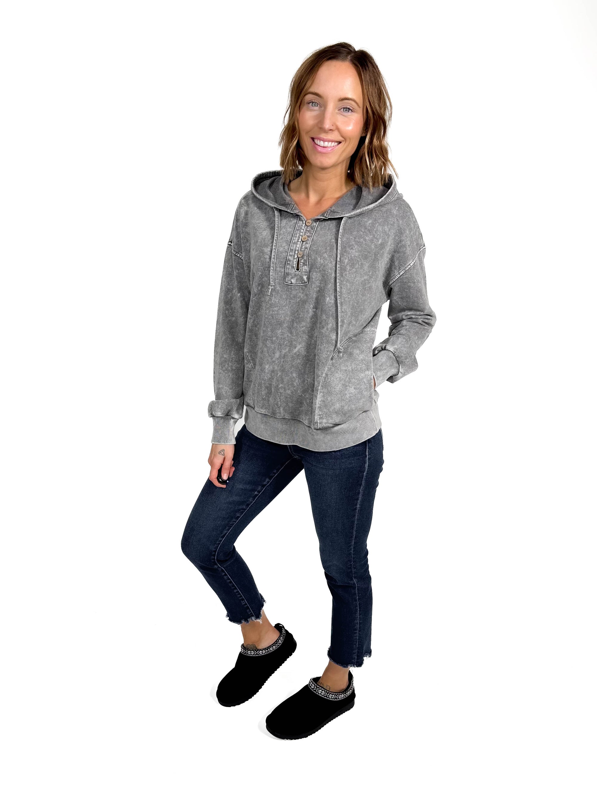 Sharna Washed Hooded Henley- BLACK -FINAL SALE