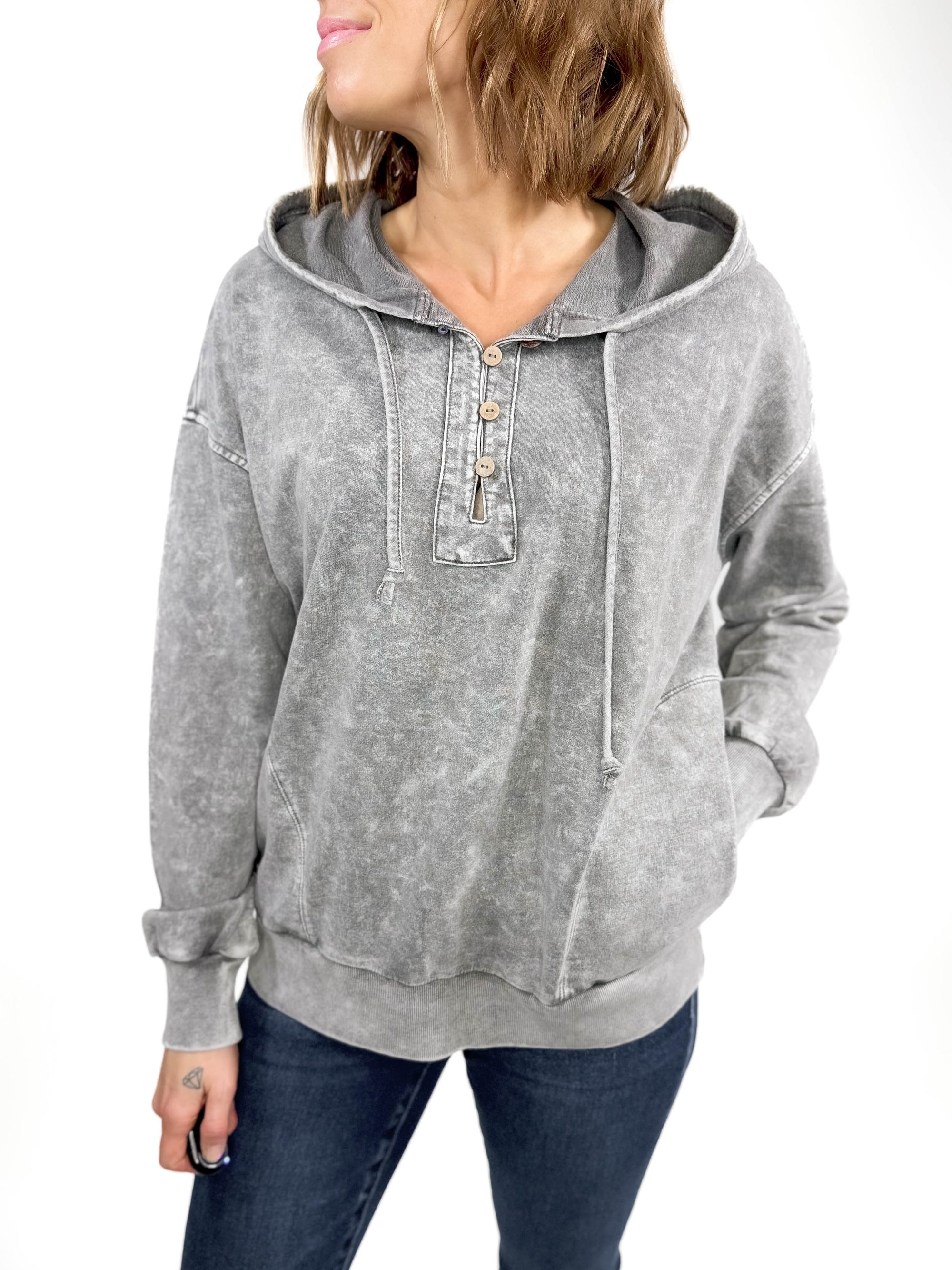 Sharna Washed Hooded Henley- BLACK -FINAL SALE