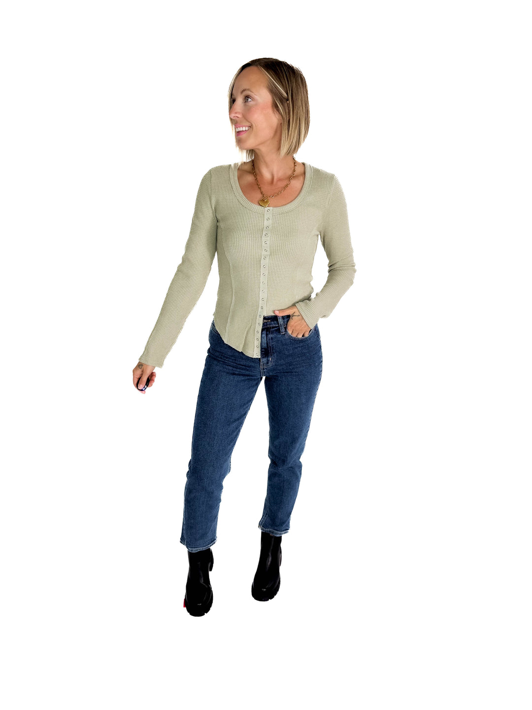 Noa Waffle Henley- OLIVE