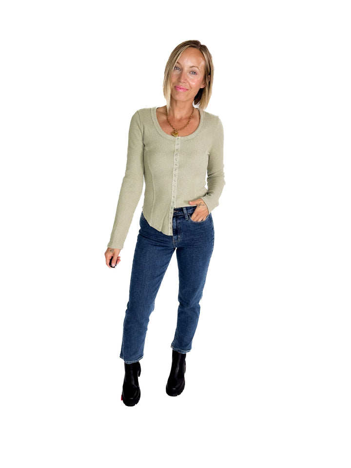 Noa Waffle Henley- OLIVE