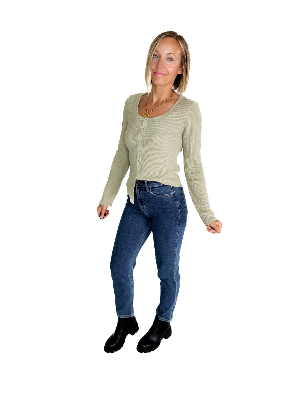 Noa Waffle Henley- OLIVE