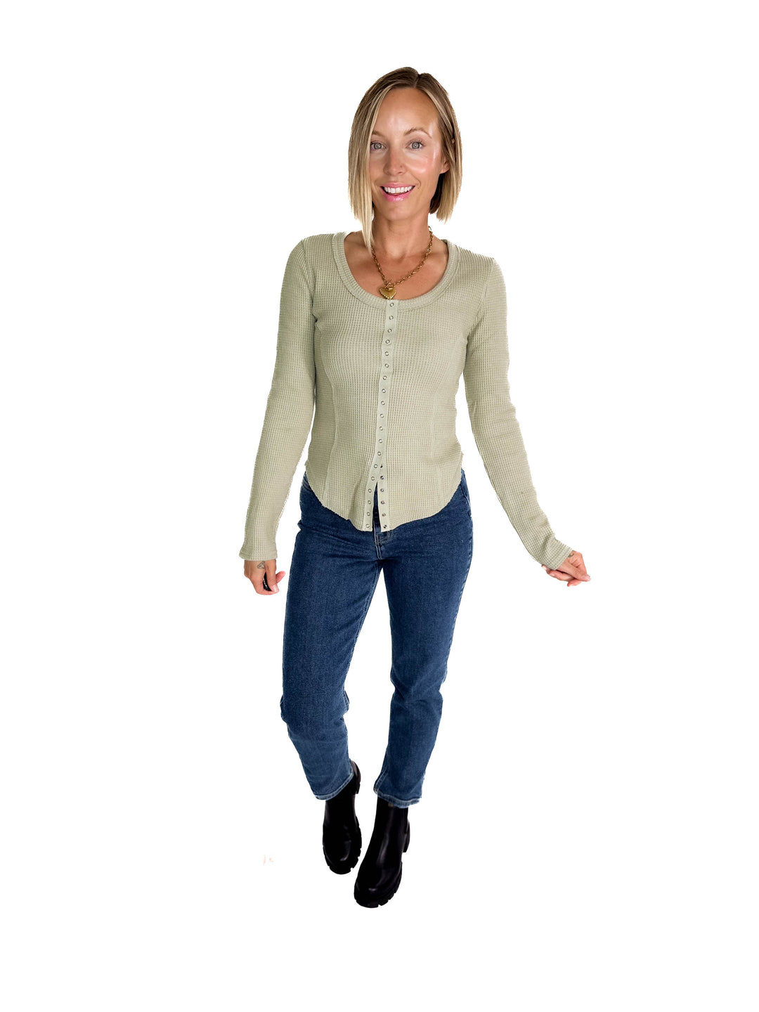 Noa Waffle Henley- OLIVE